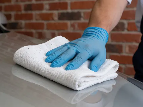 Close-up of a hand wearing a blue glove wiping a car hood with a white towel against a red brick wall.