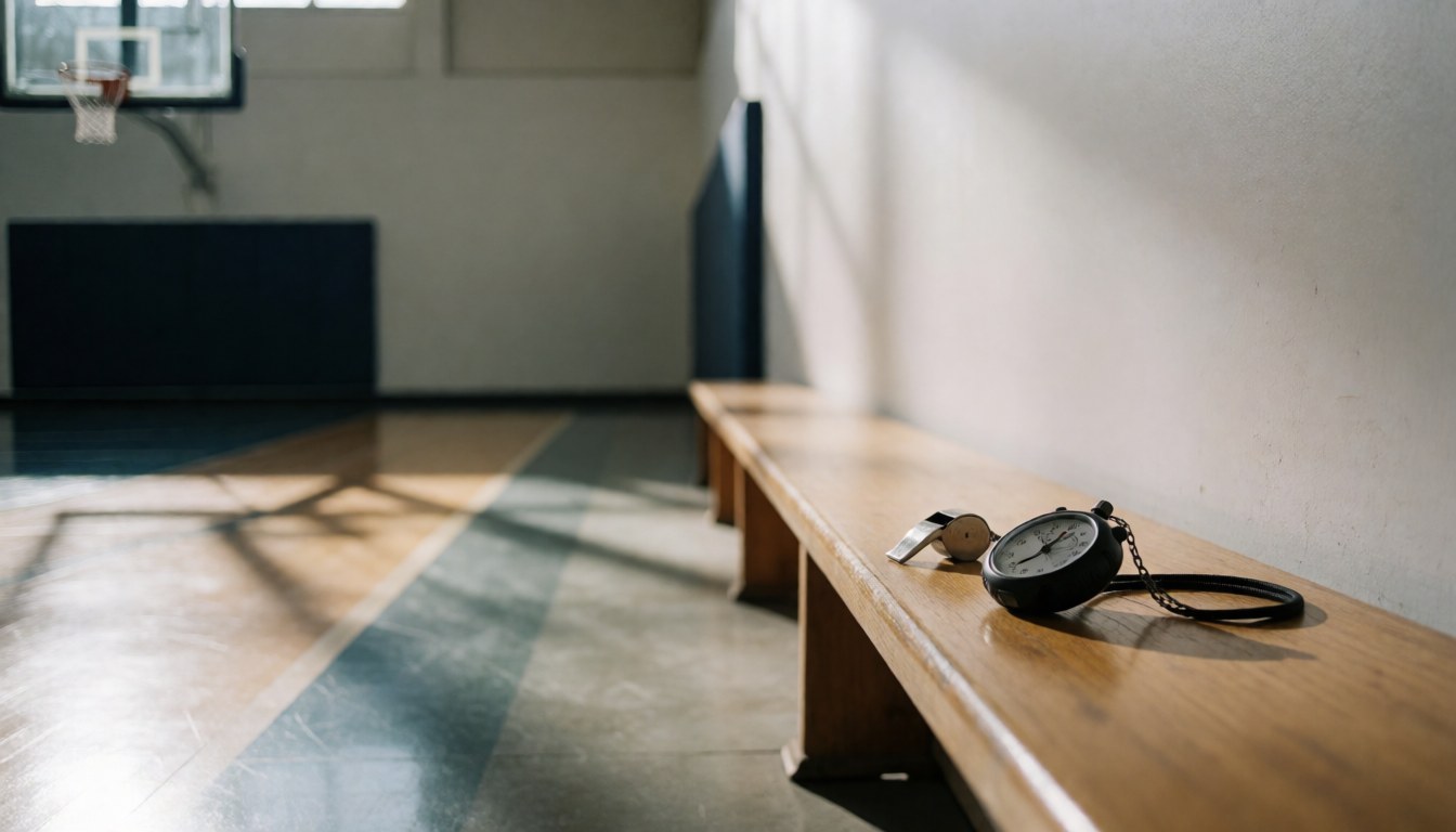 A whistle and stopwatch resting on a wooden bench in a basketball court with sunset lighting, ideal for a training website hero section