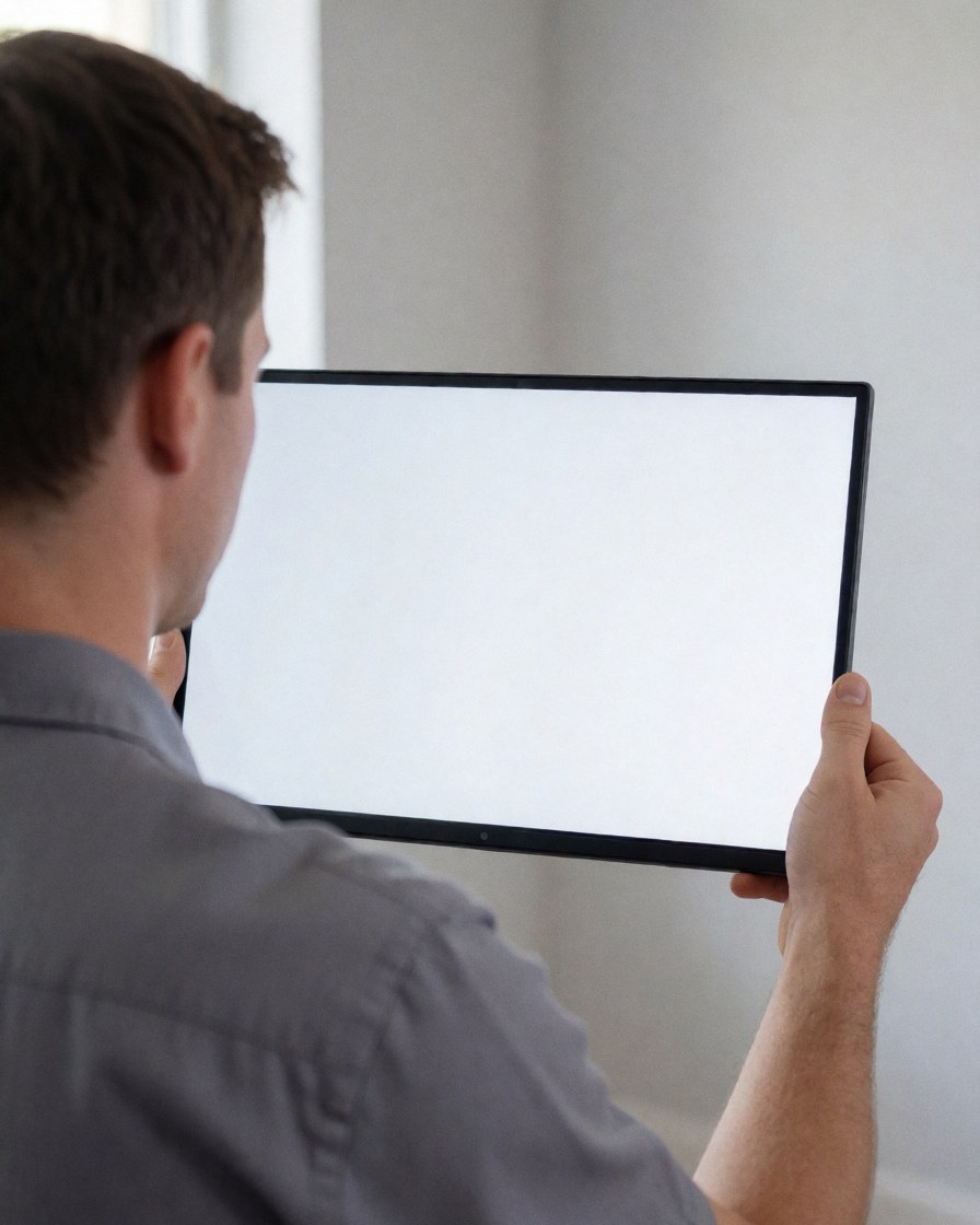 A technician holds a new smartphone screen in front of a gray wall to show the product to a customer.