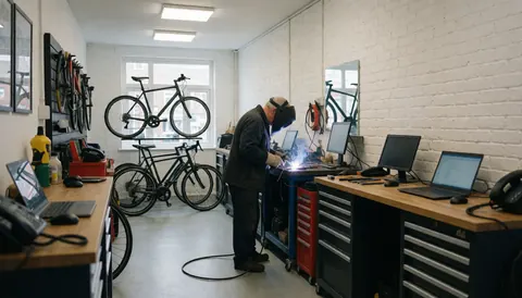 A welder wearing a helmet works on a bicycle in a workshop with white brick walls and other bikes in the background.