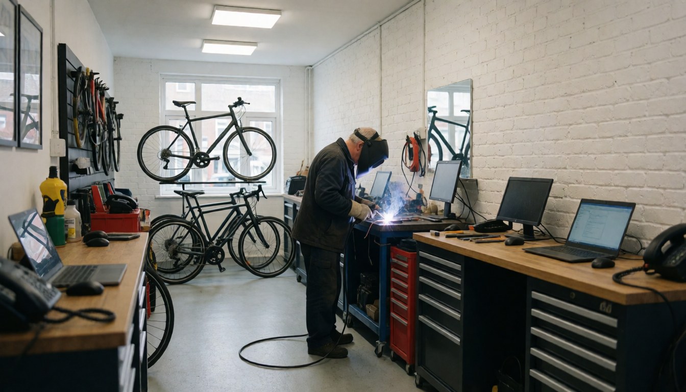 A welder wearing a helmet works on a bicycle in a workshop with white brick walls and other bikes in the background.