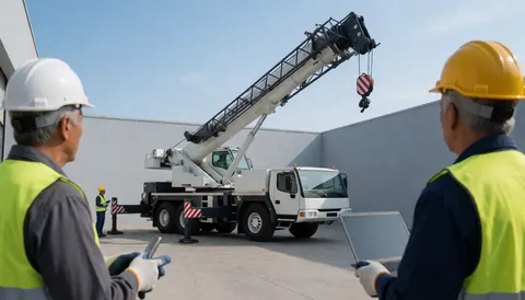 Workers in safety gear inspecting a mobile crane on a paved site under a clear blue sky