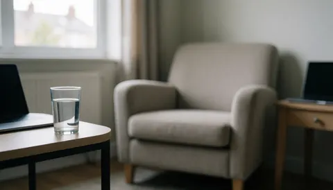 A comfortable chair in a room with natural light, a table with water and a computer, ideal for therapy background or professional consultations.