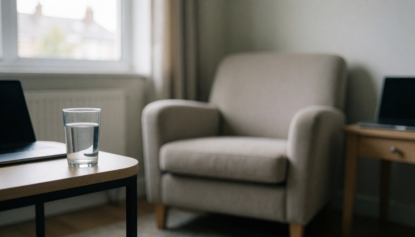 A comfortable chair in a room with natural light, a table with water and a computer, ideal for therapy background or professional consultations.