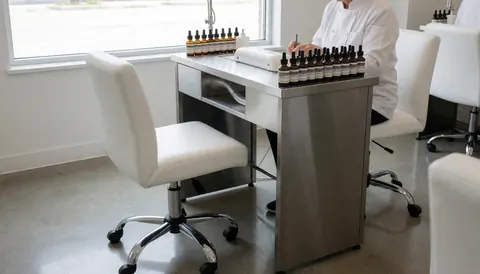 Professional writing at a manicure table with product bottles, white chairs, and natural light from a window