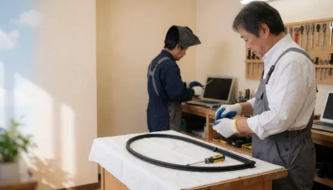 Close-up of technician hands using tools to replace a microwave door seal during appliance repair service