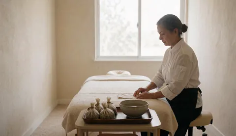 Therapist preparing herbal compress bags and warm water bowl on massage table in minimalist room with natural light