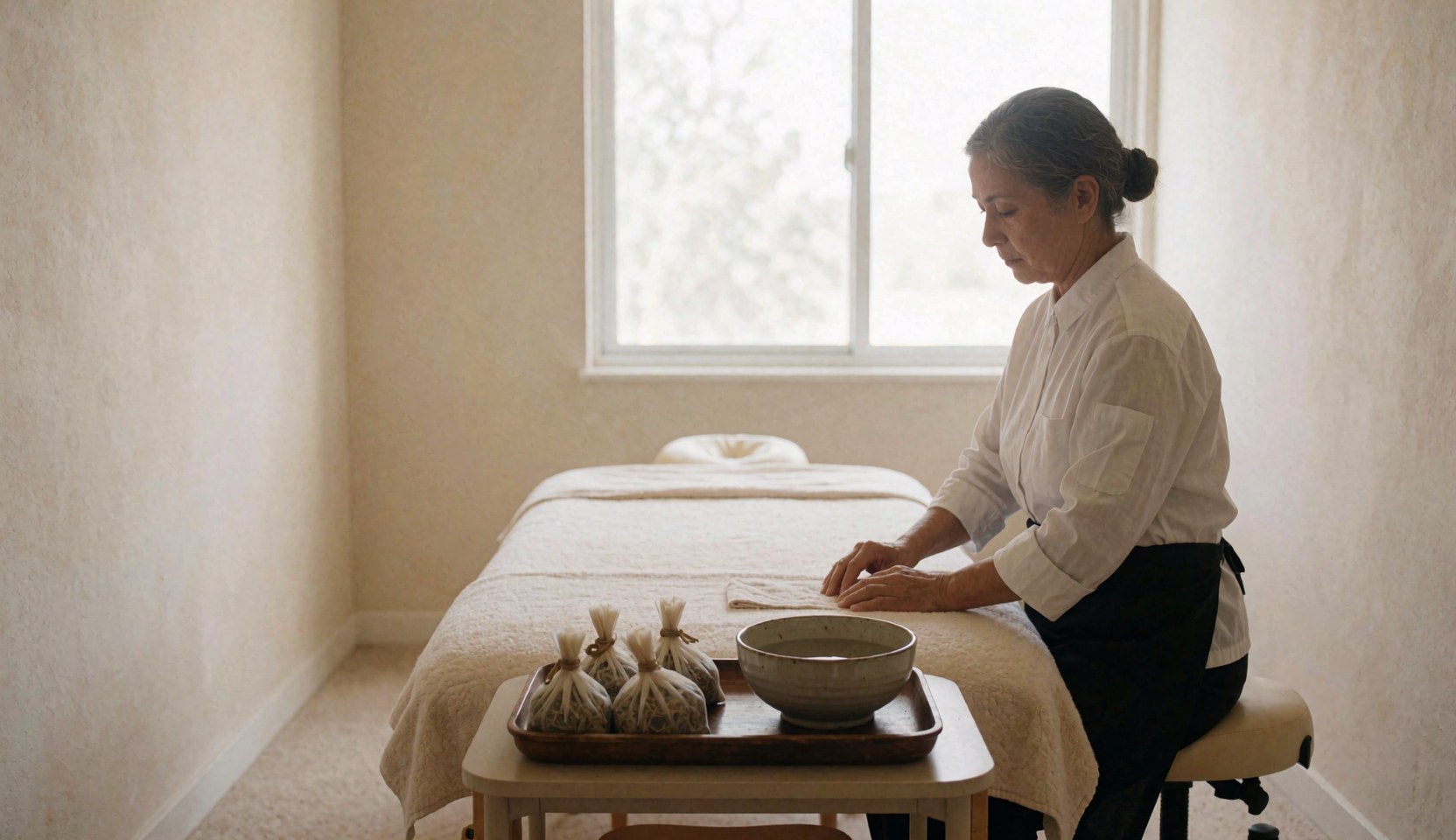 Therapist preparing herbal compress bags and warm water bowl on massage table in minimalist room with natural light