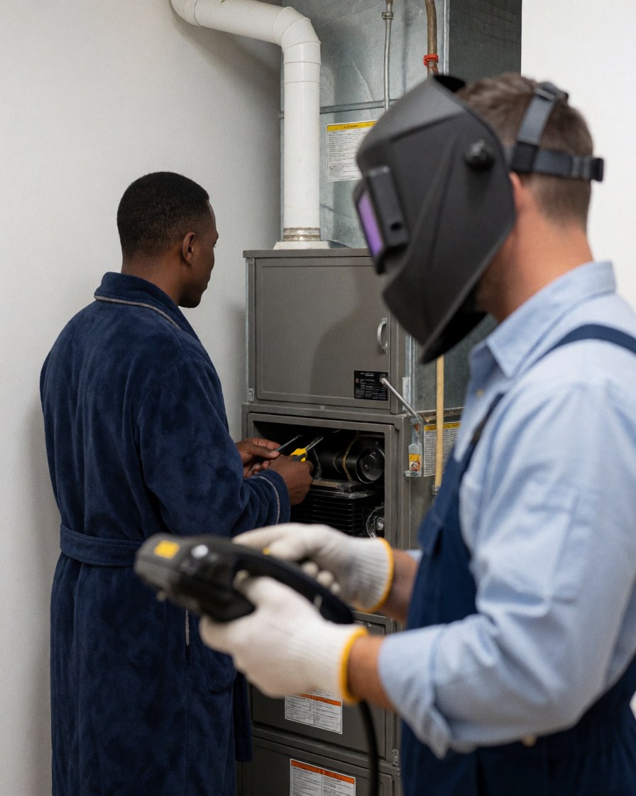 A customer in a robe watches a technician repair a heating system in a room with white walls.