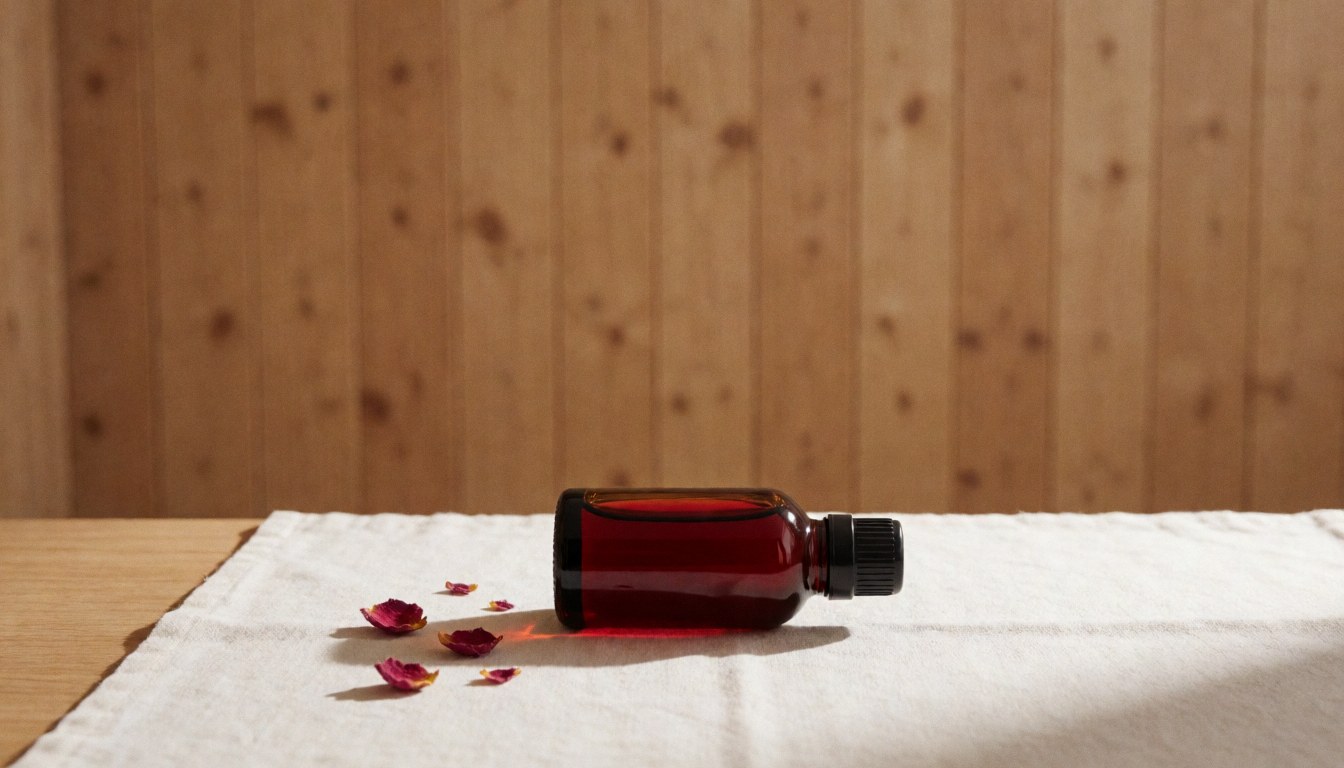 Glass bottle of rosehip oil placed on white fabric with dried petals, wooden wall background, and warm lighting for natural facial treatments
