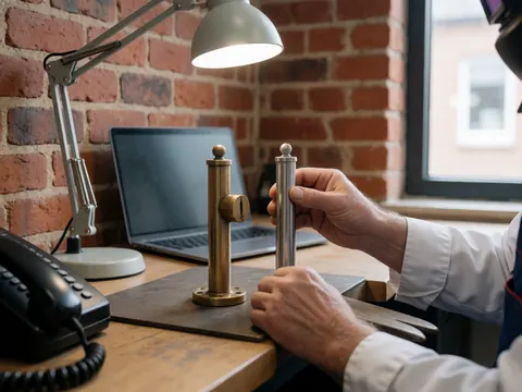 Close-up of a hand holding an old brass lock cylinder next to a new stainless steel one on a workbench with a brick wall background