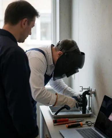 Technician wearing a welding helmet repairing a pipe in a drip tray with concrete wall, tools, and laptop visible