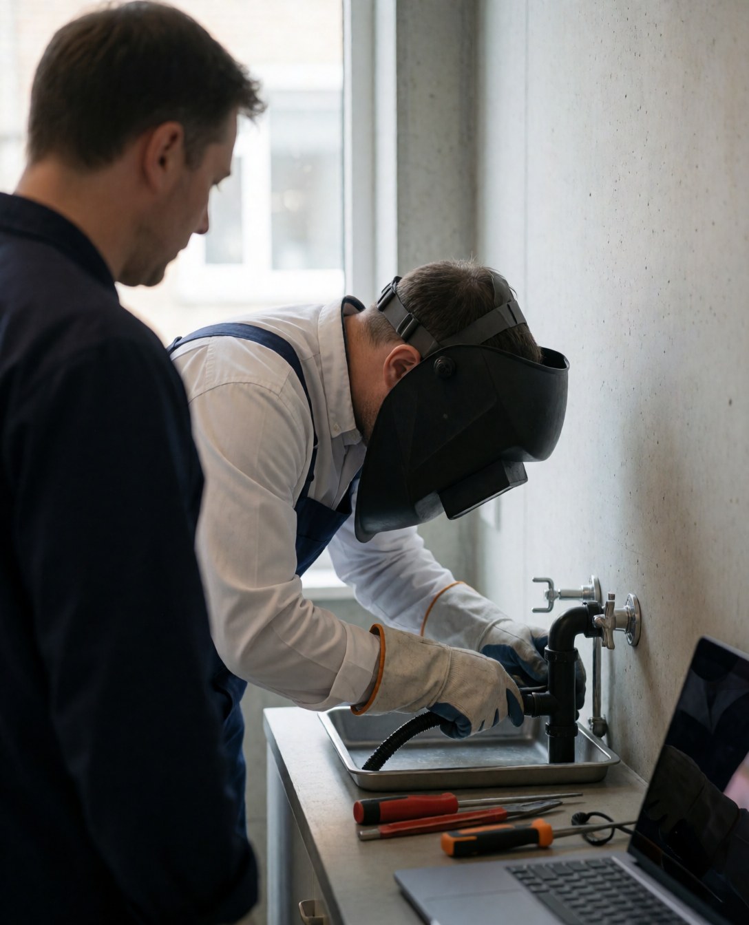 Technician wearing a welding helmet repairing a pipe in a drip tray with concrete wall, tools, and laptop visible