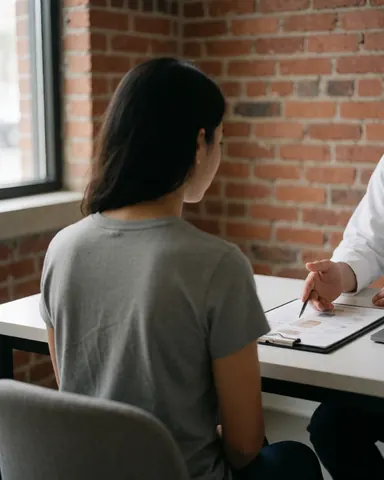 A relaxed client sits on a white table in a modern clinic with red brick walls and natural light while a professional points to charts.