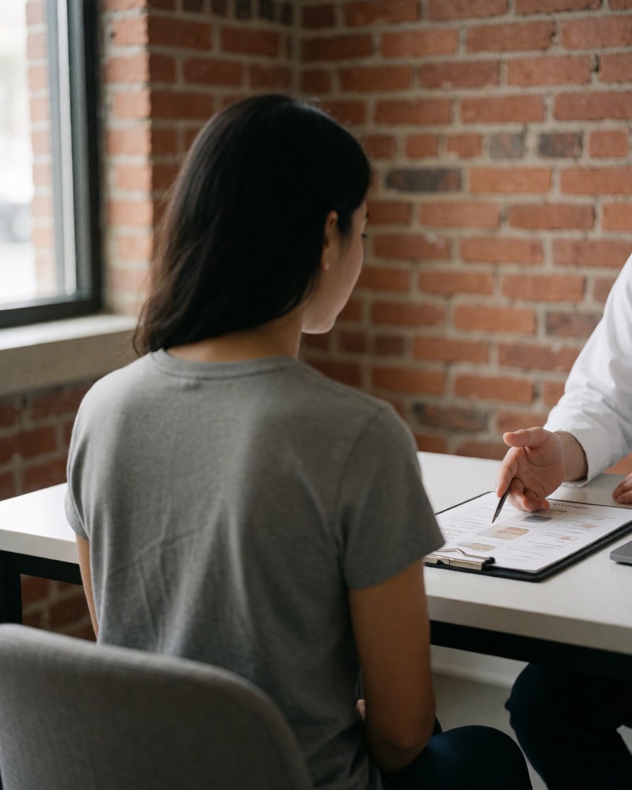 A relaxed client sits on a white table in a modern clinic with red brick walls and natural light while a professional points to charts.