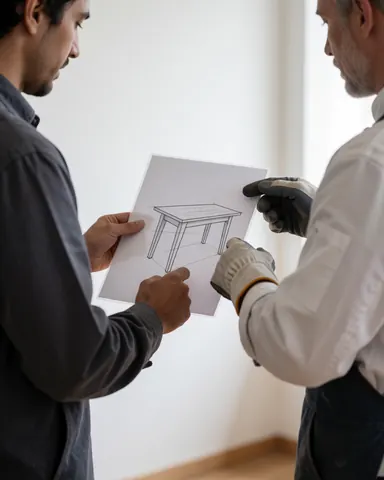 Client and craftsman reviewing a table drawing in a workshop with white walls, showing furniture design collaboration