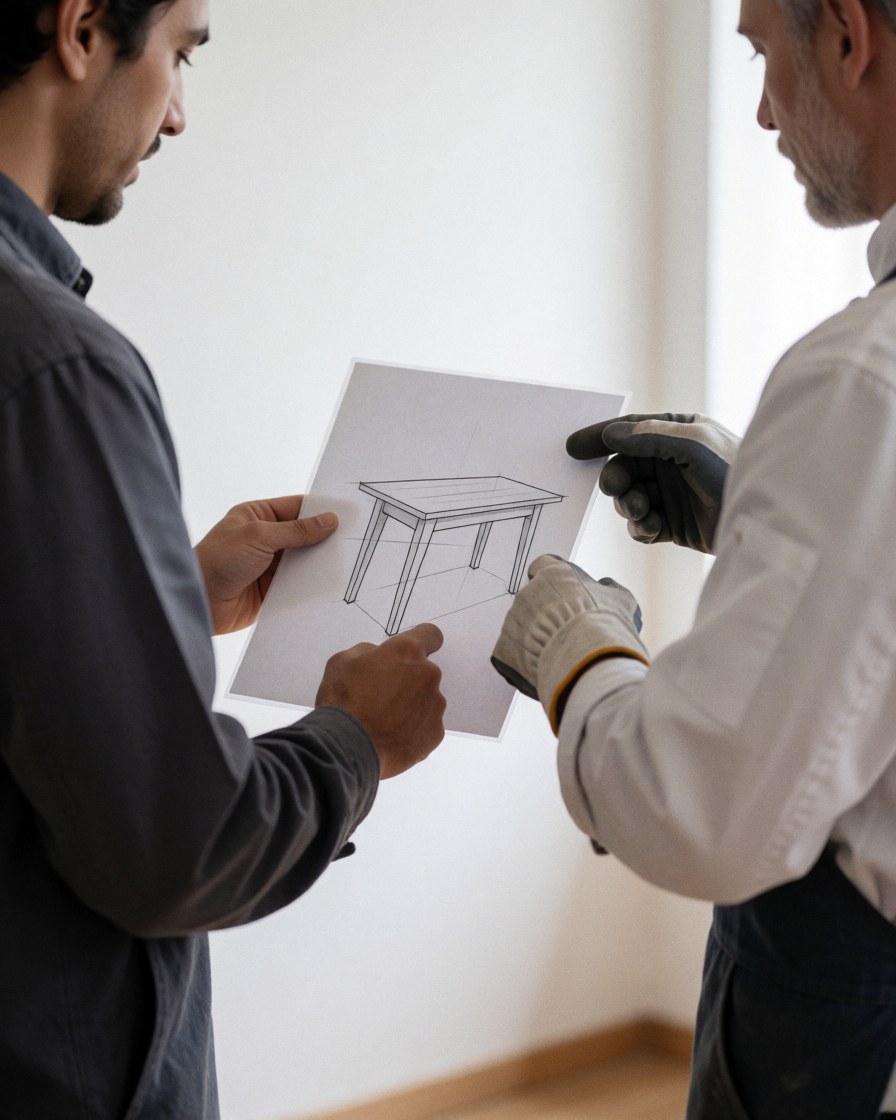 Client and craftsman reviewing a table drawing in a workshop with white walls, showing furniture design collaboration