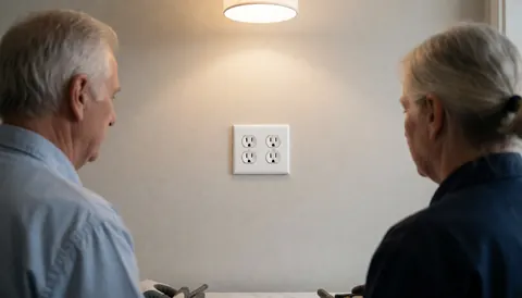 Electrician installing a white wall outlet in a living room with ceiling light and two people watching.