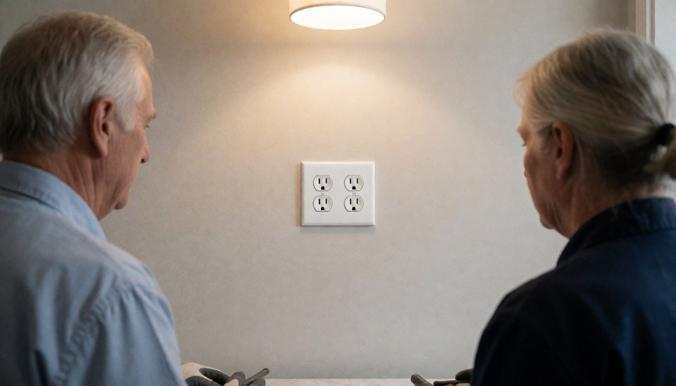 Electrician installing a white wall outlet in a living room with ceiling light and two people watching.