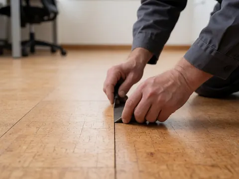 Close-up of a hand using a cutting tool to adjust a cork flooring piece, showing material grain and installation detail in an office setting