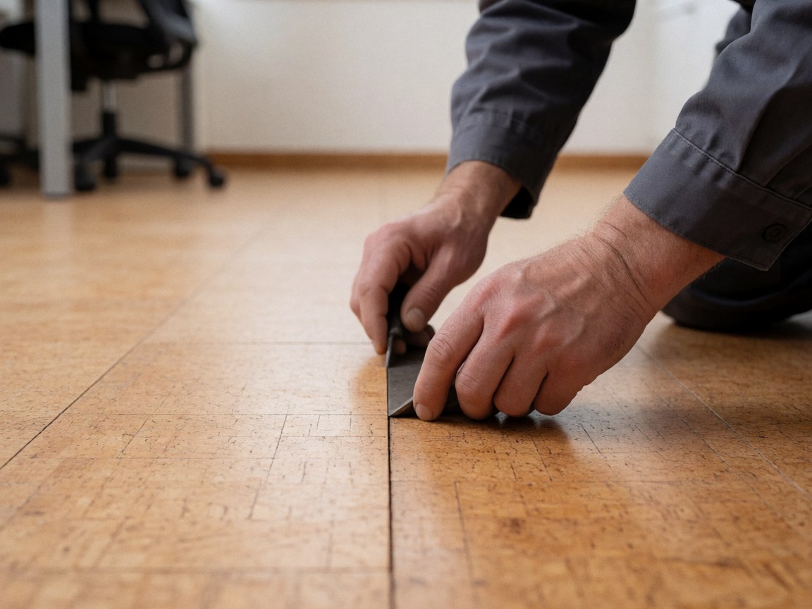 Close-up of a hand using a cutting tool to adjust a cork flooring piece, showing material grain and installation detail in an office setting
