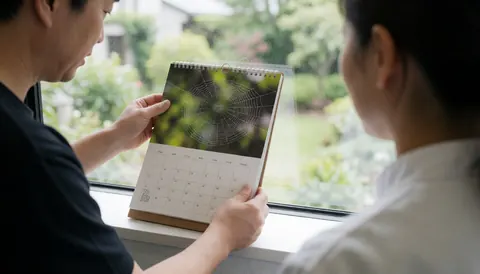 Macro photographer reviewing a spider web calendar on a window with bright natural light and text space on the right