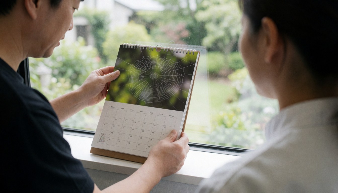 Macro photographer reviewing a spider web calendar on a window with bright natural light and text space on the right