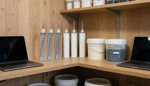 Tubes of sealant and paint containers arranged on a wooden shelf in a roofing supply store