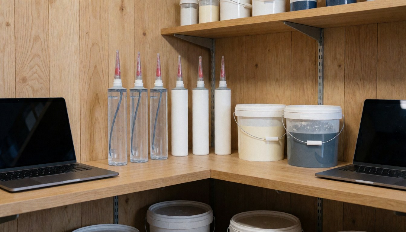 Tubes of sealant and paint containers arranged on a wooden shelf in a roofing supply store