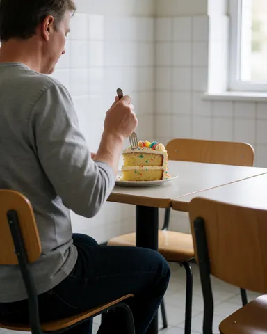 A man enjoys a decorated cake with strawberries and confetti in a kitchen class with white tiled walls and wooden chairs.