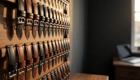 Brown and black leather belts arranged on a wooden counter in a watch repair shop with gray walls and warm lighting