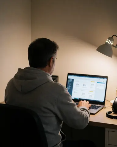 Cycling coach working on training data at a desk with beige walls and laptop displaying performance graphs under night lighting.