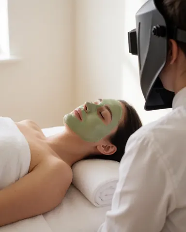 Client with green mask during ayurvedic massage, therapist in white uniform, off-white walls, white towels