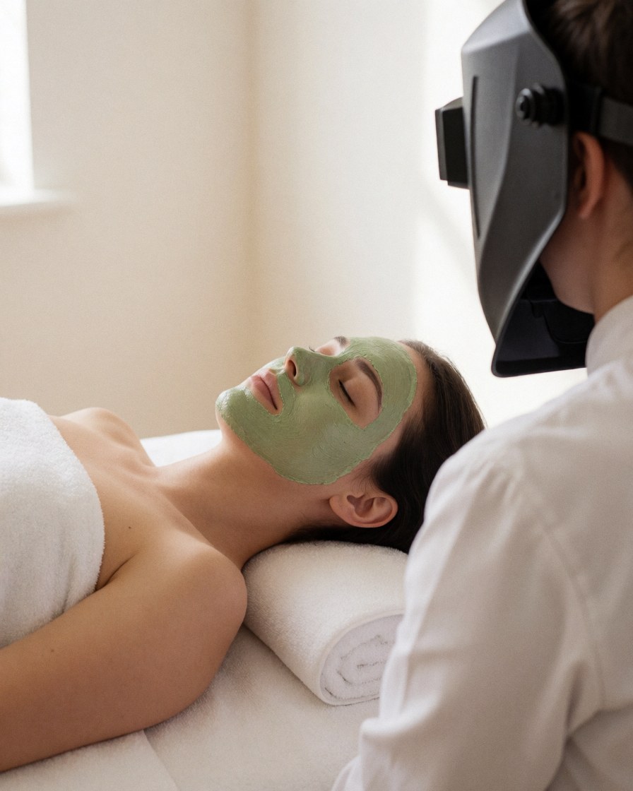 Client with green mask during ayurvedic massage, therapist in white uniform, off-white walls, white towels