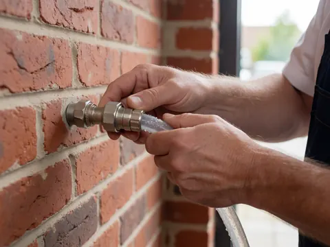 Worker's hands attaching a metal coupler to a transparent hose against a red brick wall, showing car wash service details.