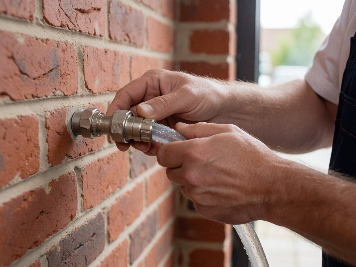 Worker's hands attaching a metal coupler to a transparent hose against a red brick wall, showing car wash service details.