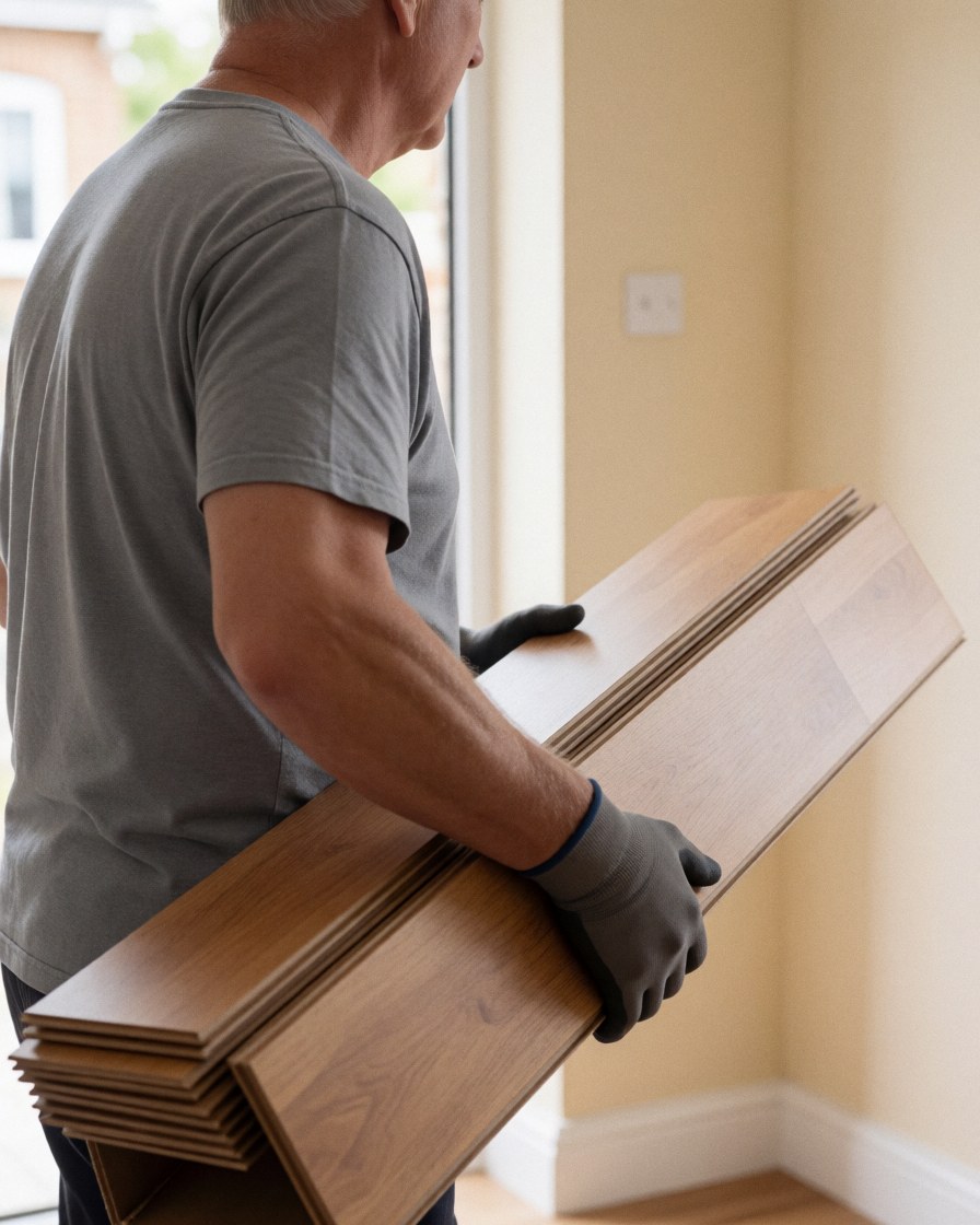 Worker carrying a laminate flooring plank for installation