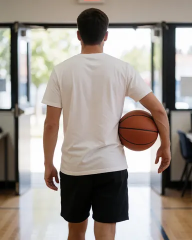 A man holding a basketball walks toward the open exit of a wooden court with natural light.
