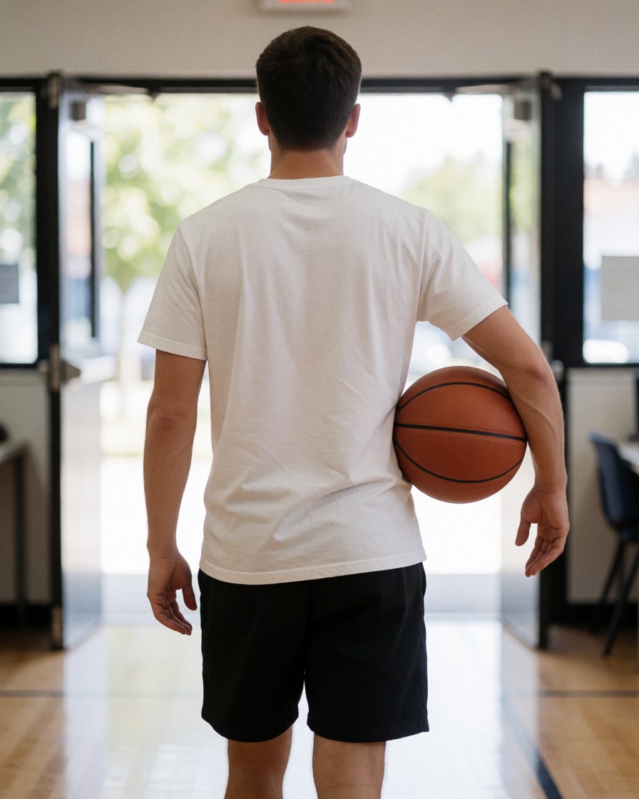 A man holding a basketball walks toward the open exit of a wooden court with natural light.