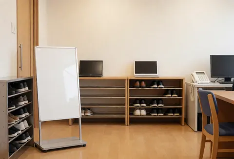 Clean gym entrance featuring a wooden shoe rack, whiteboard, and furniture against white walls and hardwood floors