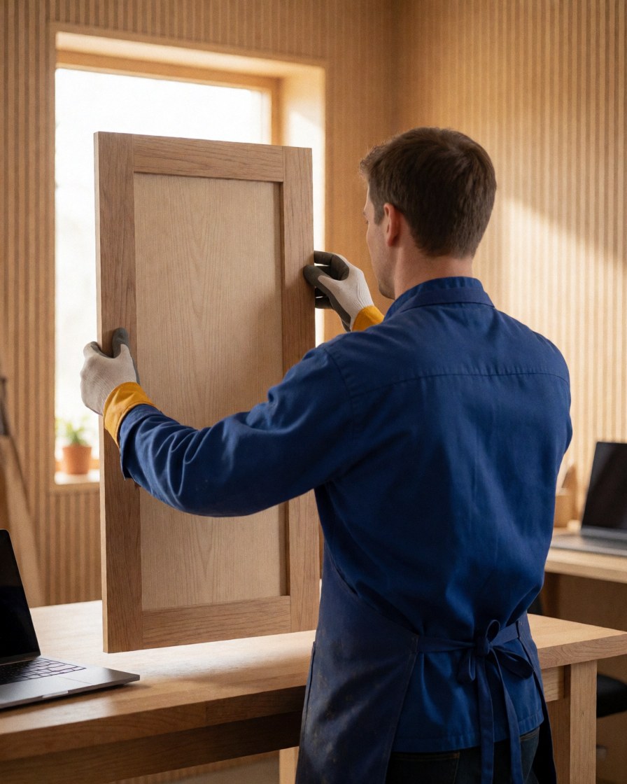 Carpenter adjusting a wooden door in a workshop with plank walls and natural light, furniture repair service in action