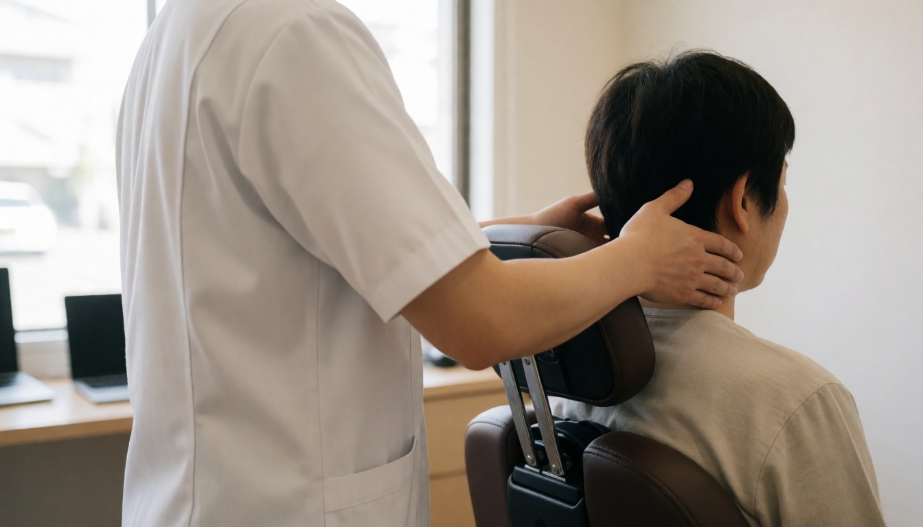 Therapist in white tunic massaging seated client neck near window with white wall background