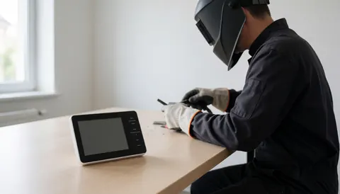 Technician wearing a welding helmet repairing a digital thermostat on a wooden table with white walls and natural light