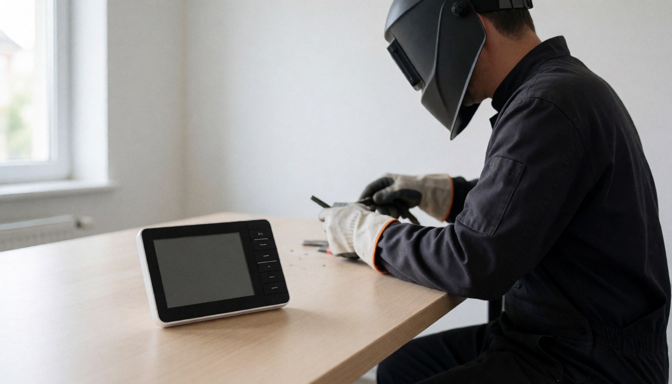 Technician wearing a welding helmet repairing a digital thermostat on a wooden table with white walls and natural light
