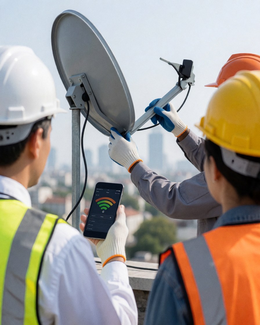 Technician in safety gear adjusts a satellite dish on a roof while a client checks signal on a phone with a city skyline in the background