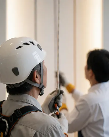 A climber wearing a white helmet and harness looks at the rope on a vertical wall during an indoor climbing class.