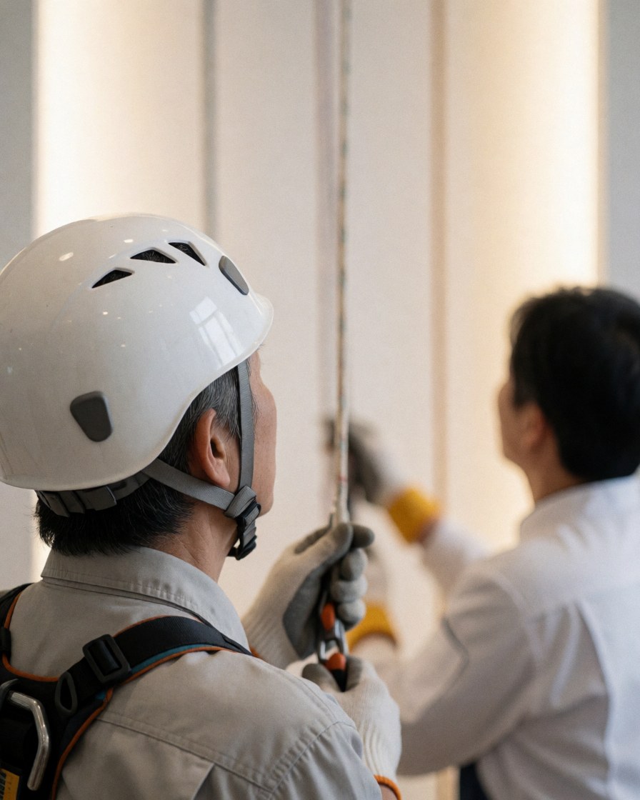 A climber wearing a white helmet and harness looks at the rope on a vertical wall during an indoor climbing class.