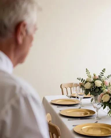 A customer inspects a banquet table set with gold plates, glasses, and floral arrangements in a cream-colored room.