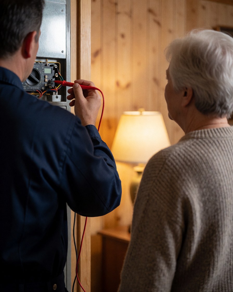 A technician uses a multimeter to check a heating panel while a client watches in a room with wooden walls and warm lighting.