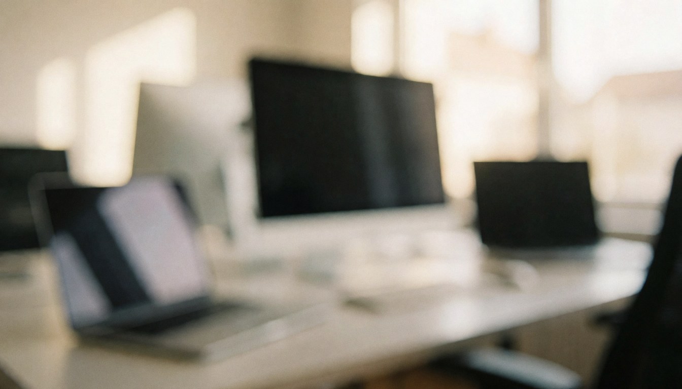 Out-of-focus studio background featuring computer monitors and warm lighting, suitable for wedding photographer text overlays
